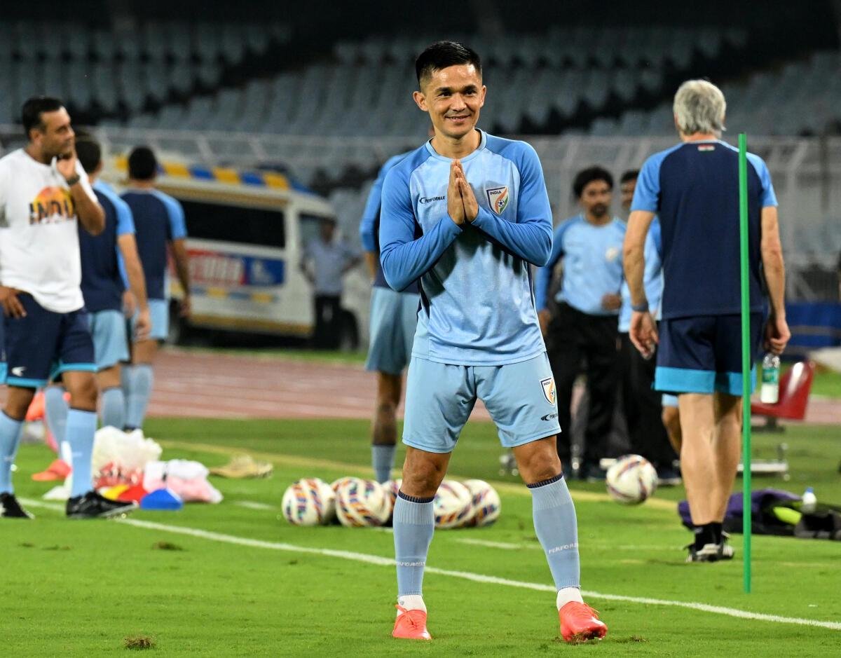 Sunil Chhetri in his last practice before the FIFA World Cup 2026 qualifier between India and Kuwait at the Salt Lake Stadium in Kolkata on Wednesday.